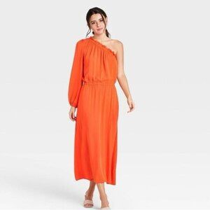 Who What Wear One Shoulder Casual Midi Dress in Orange Size XS